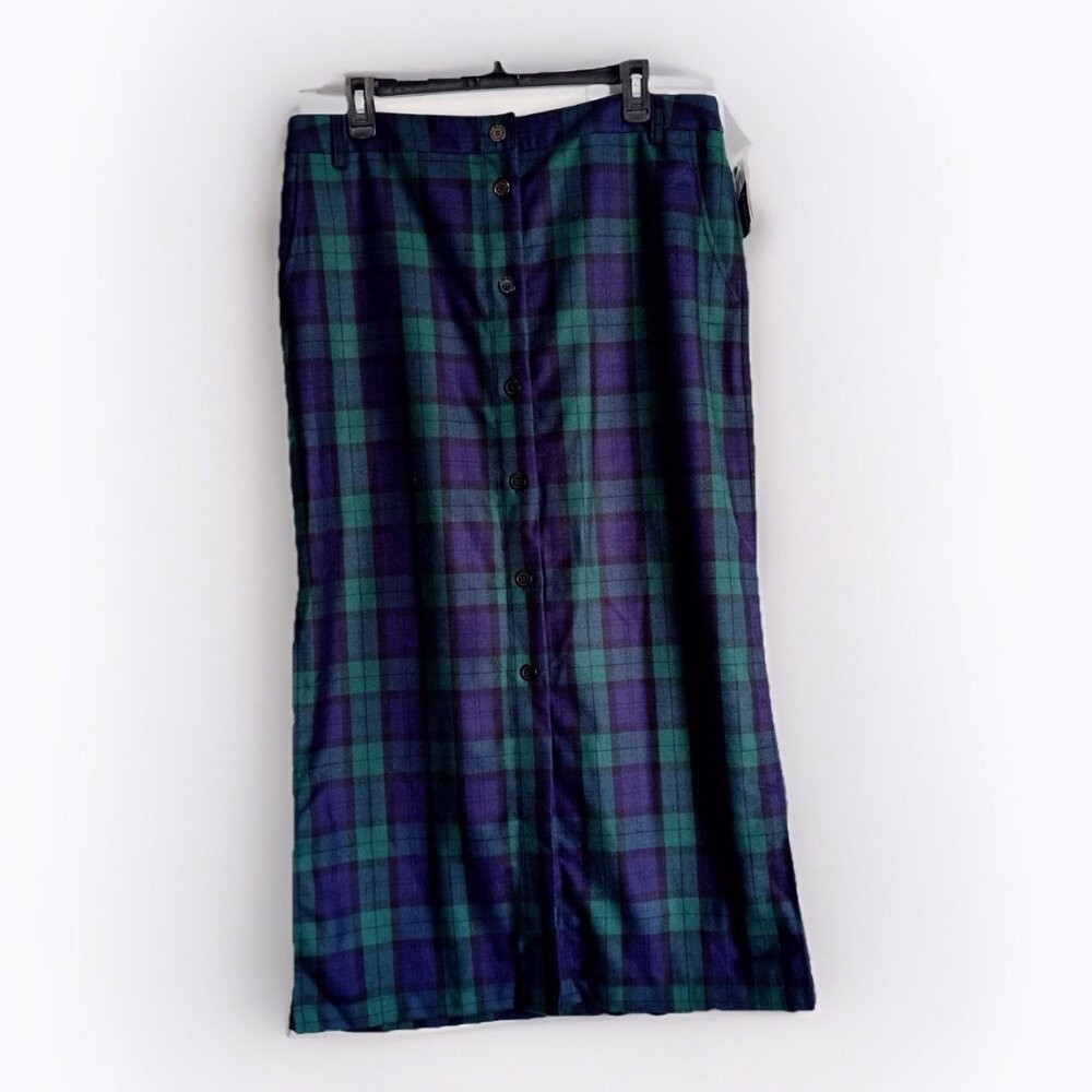 Pendleton Blue Green Plaid Virgin Wool Button Skirt 12P Dark Academia Preppy